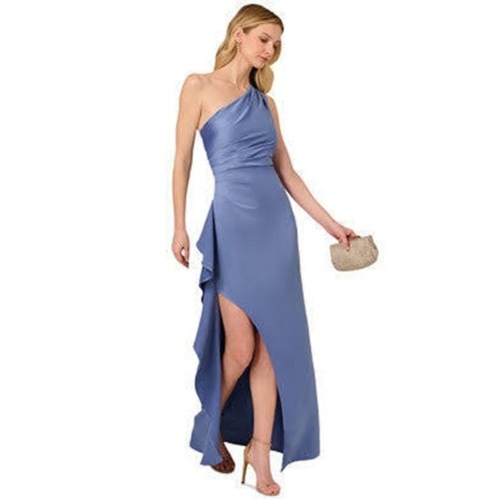 Adrianna Papell Women Gown 6 Blue Satin Crepe One Shoulder Ruffle Side Slit